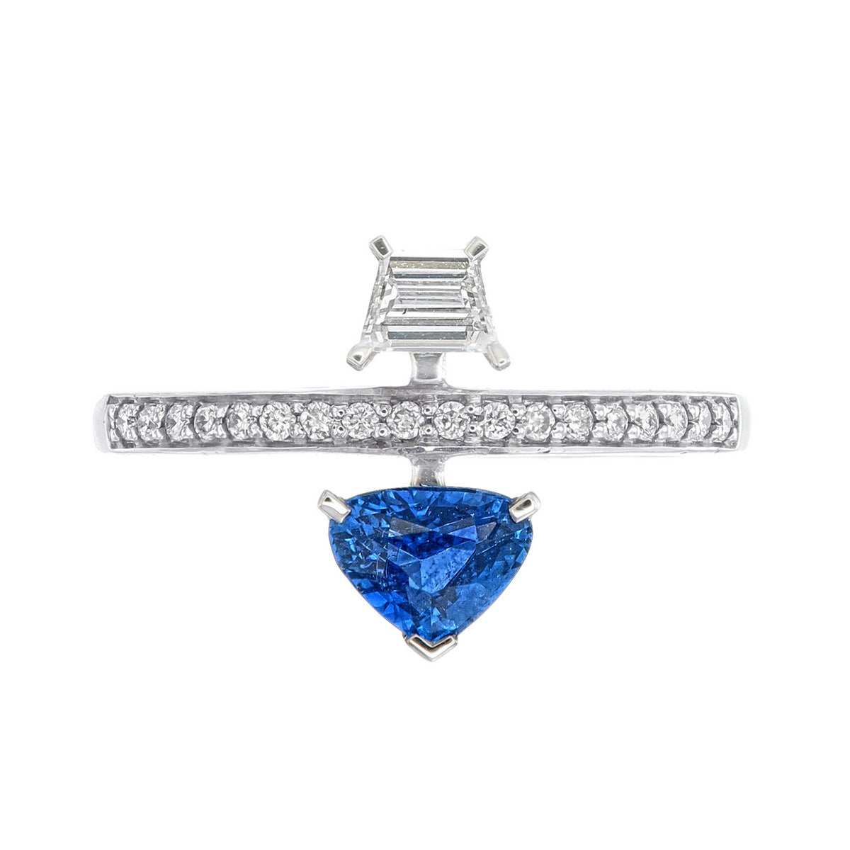 Blue Sapphire Trillion & Baguette Cut Certified Natural Diamond Two Stone Engagement Ring