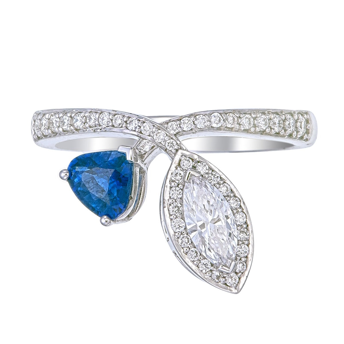 Blue Sapphire Trillion & Marquise Cut Certified Natural Diamond Toi et Moi Engagement Ring