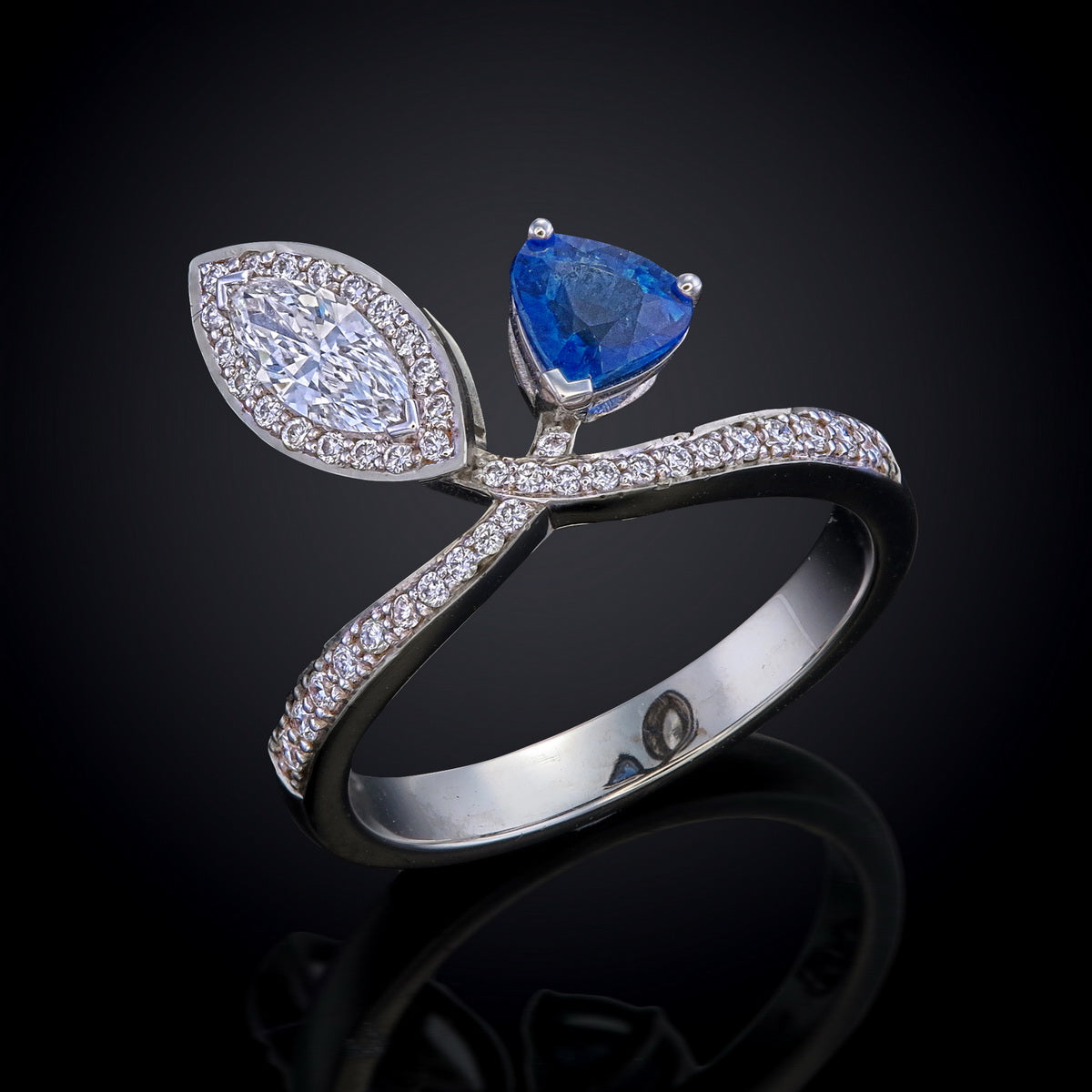 Blue Sapphire Trillion & Marquise Cut Certified Natural Diamond Toi et Moi Engagement Ring