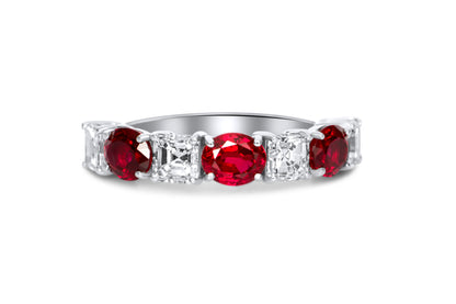 Ruby Oval Cut & Asscher Cut Certified Natural Diamond Eternity Ring