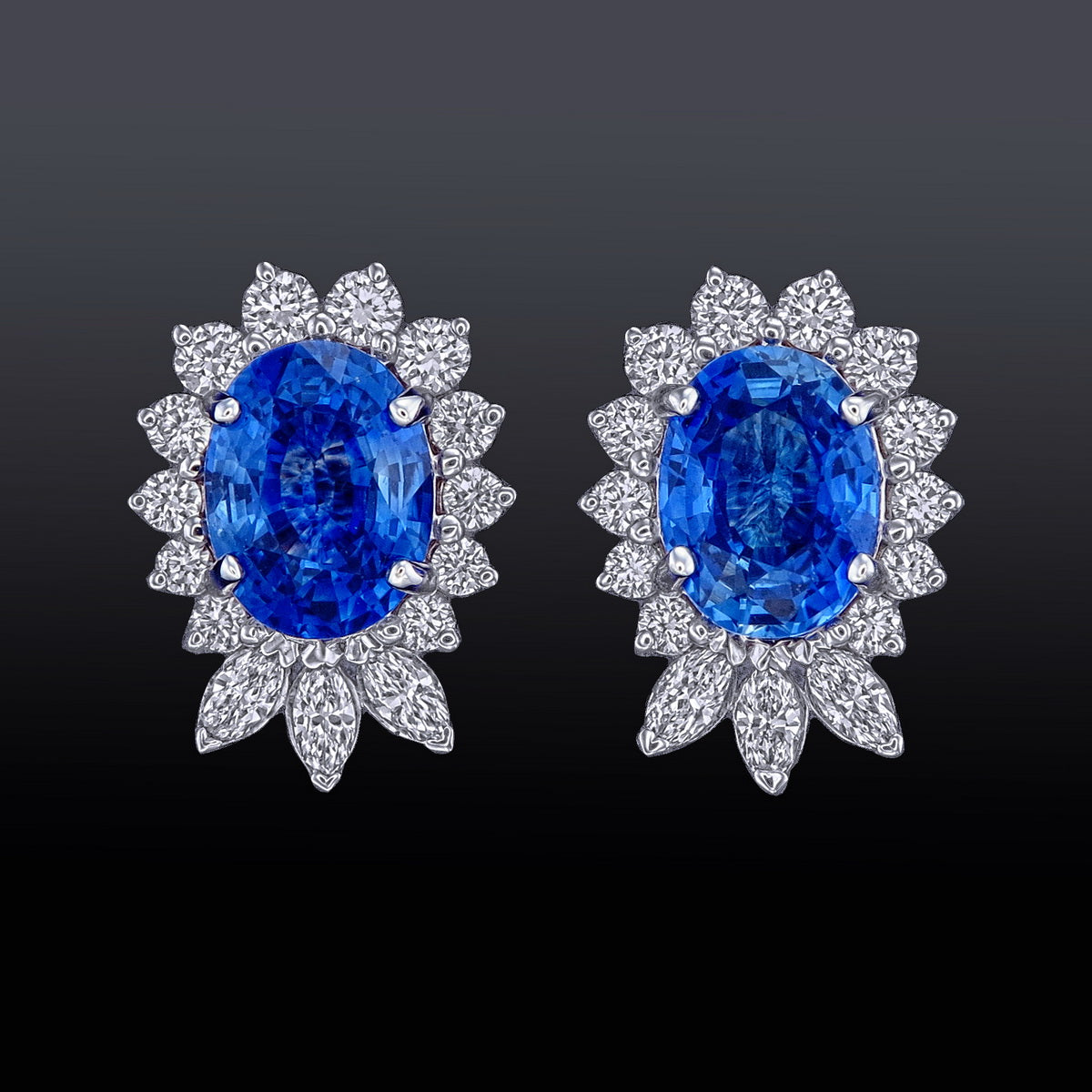 Blue Sapphire Oval Cut Certified Natural Diamond Flower Earrings