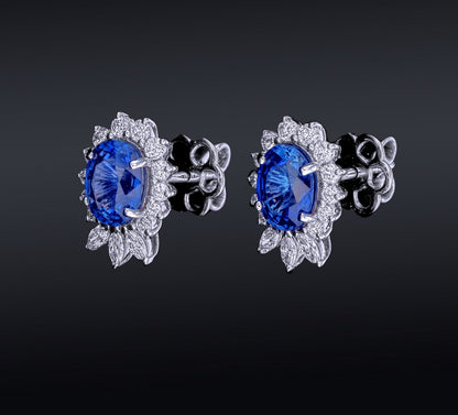 Blue Sapphire Oval Cut Certified Natural Diamond Flower Earrings