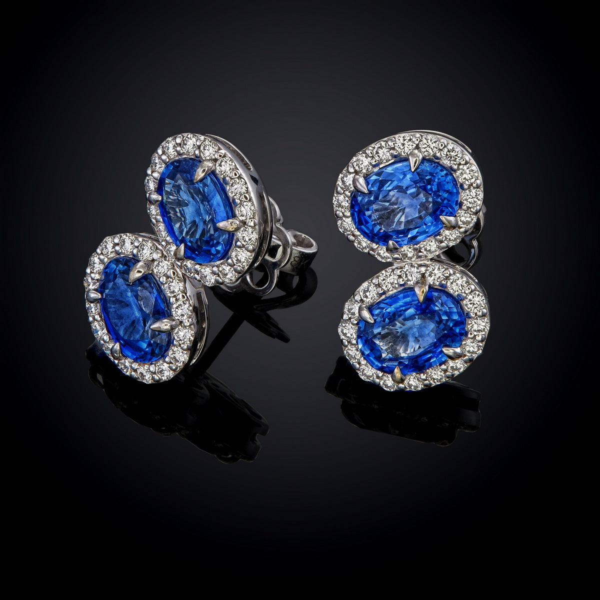 Blue Sapphire Oval Cut Certified Natural Diamond Halo Stud Earrings