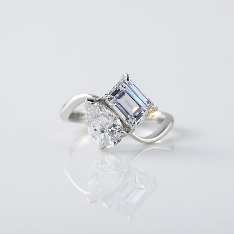 Lab Grown Pear Cut and Emerald Cut Toi Et Moi Engagement Ring
