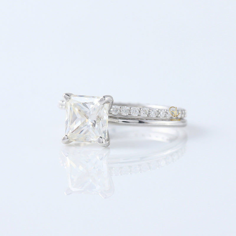 Lab Grown Princess Cut Solitaire Ring With Matching Eternity Ring Set