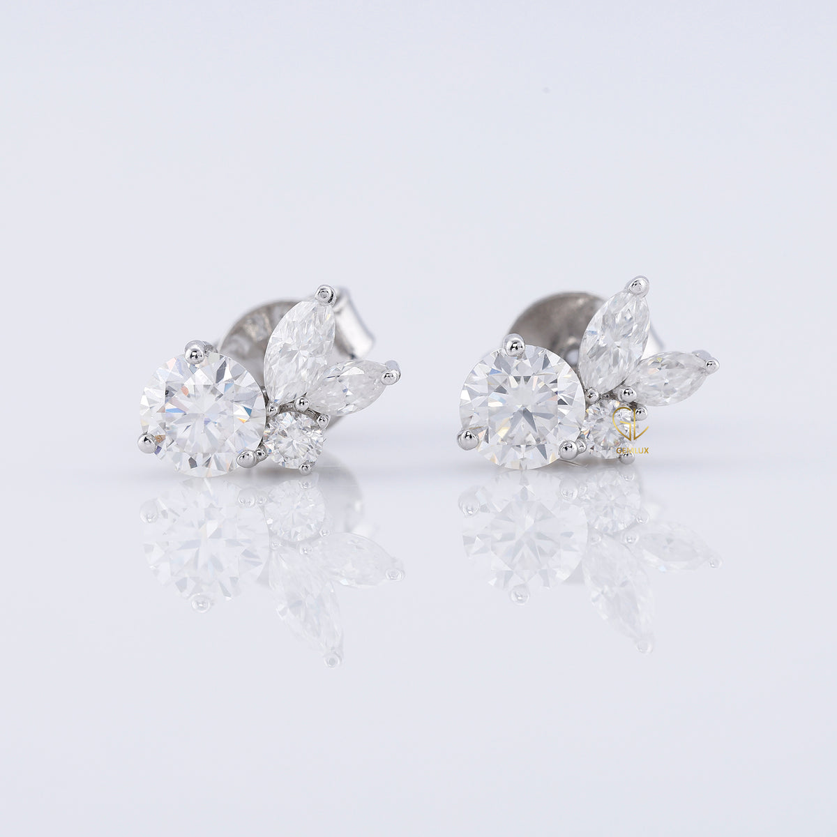 Lab Grown Round & Marquise Cut Floral Design Stud Earrings