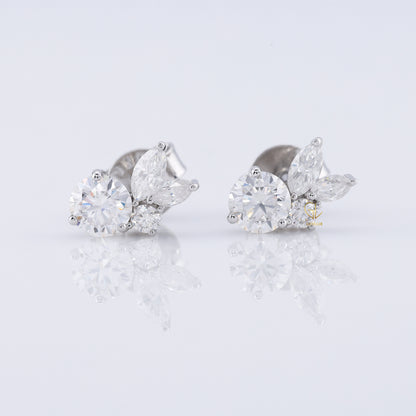 Lab Grown Round & Marquise Cut Floral Design Stud Earrings