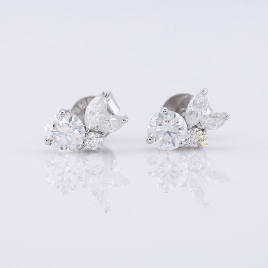 Lab Grown Round & Marquise Cut Floral Design Stud Earrings