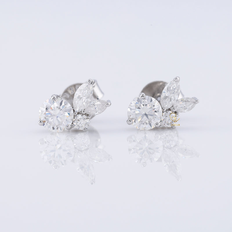 Lab Grown Round & Marquise Cut Floral Design Stud Earrings