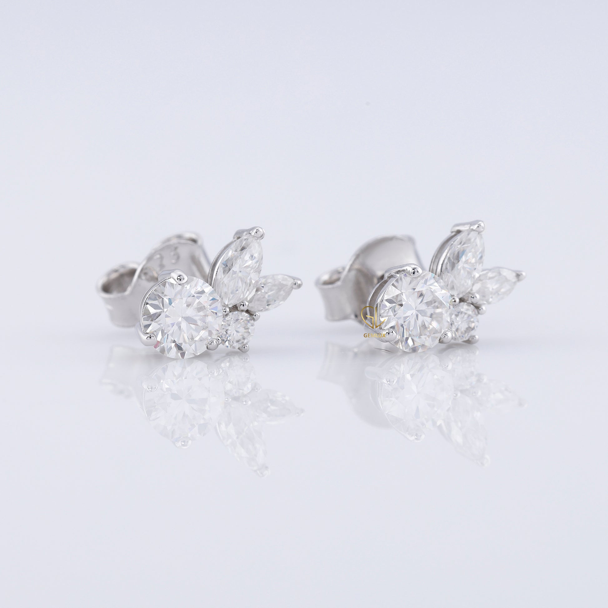 Lab Grown Round & Marquise Cut Floral Design Stud Earrings