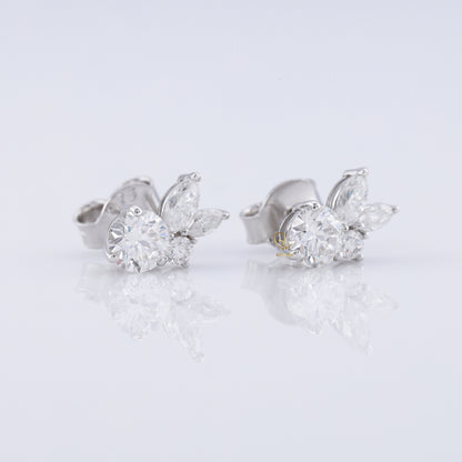 Lab Grown Round & Marquise Cut Floral Design Stud Earrings