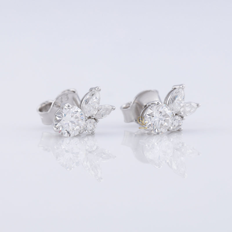Lab Grown Round & Marquise Cut Floral Design Stud Earrings