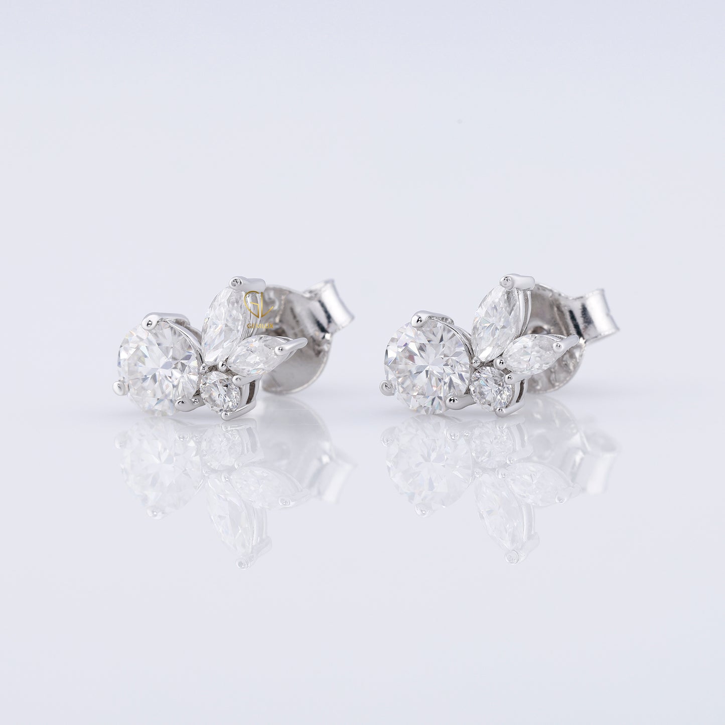 Lab Grown Round & Marquise Cut Floral Design Stud Earrings