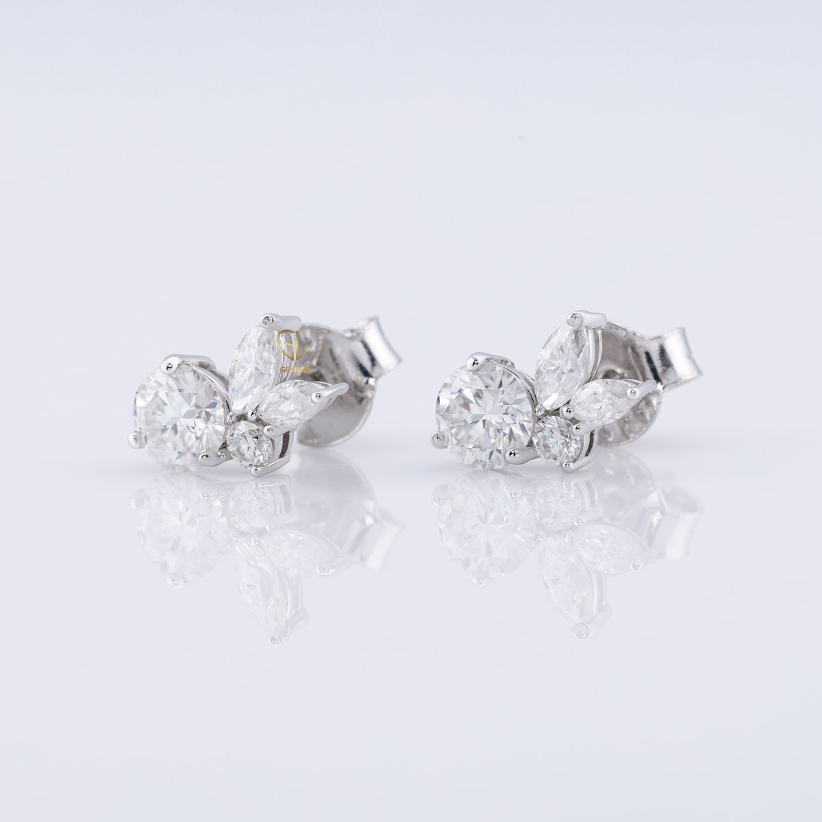 Lab Grown Round & Marquise Cut Floral Design Stud Earrings
