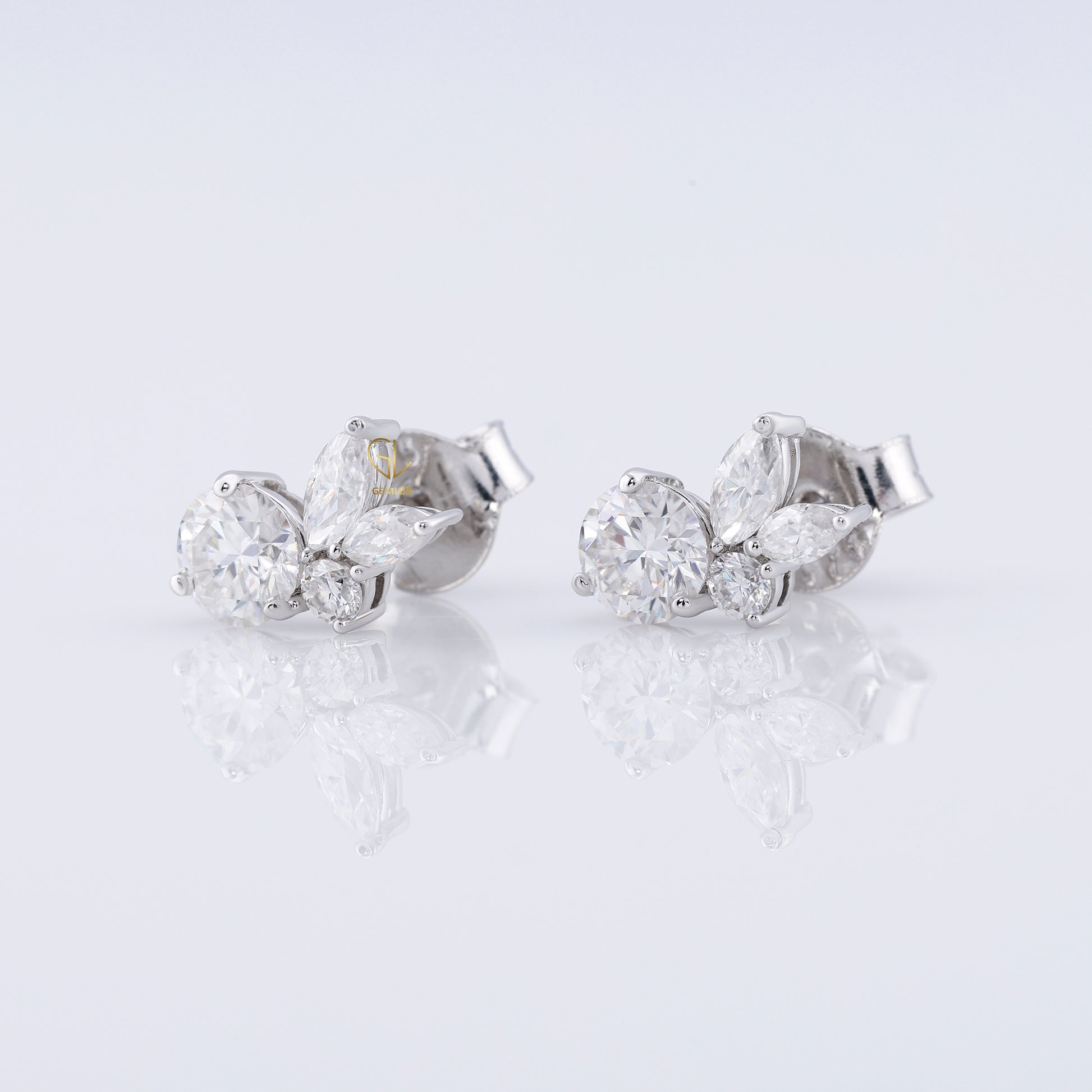 Lab Grown Round & Marquise Cut Floral Design Stud Earrings