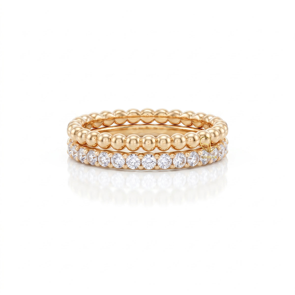 Lab-grown diamond eternity band with gold bubble bead stackable ring set | By Gemlux Jewels