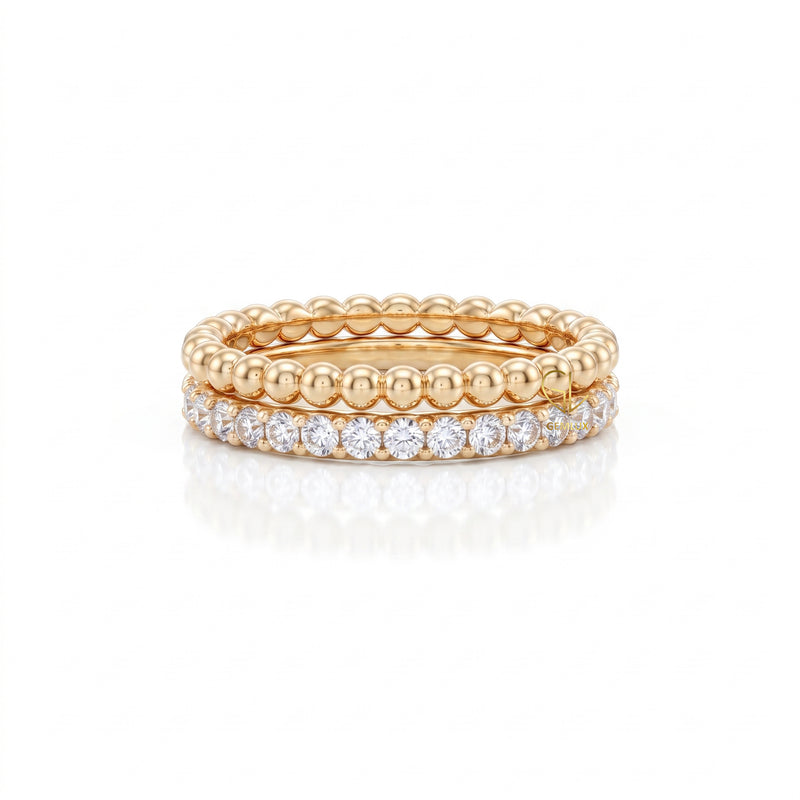 Luxury Lab Grown Diamond Eternity Band with Gold Bubble Bead Stackable Ring Set