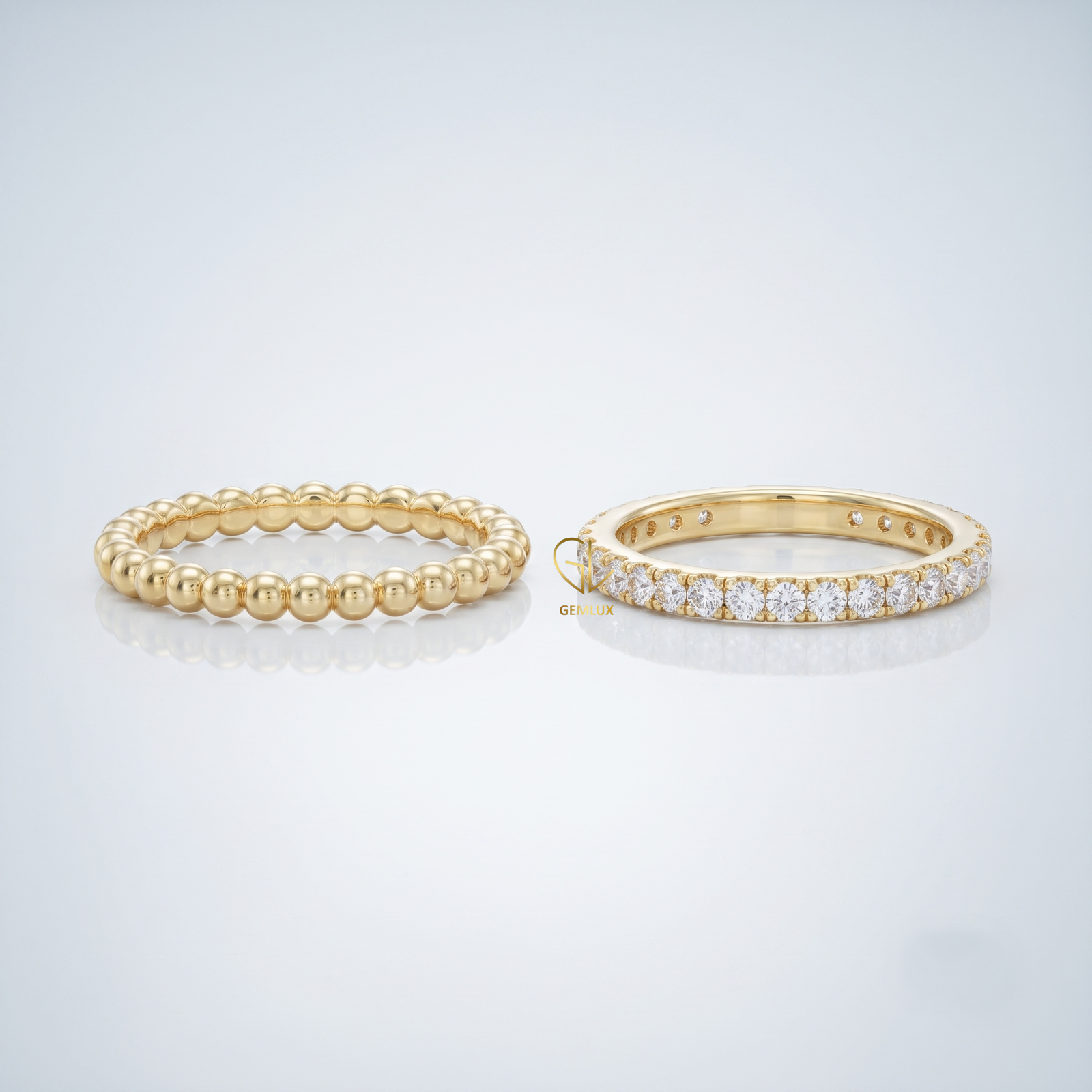 Lab-grown diamond eternity band with gold bubble bead stackable ring set, 10k yellow gold, Gemlux Engagement Collection