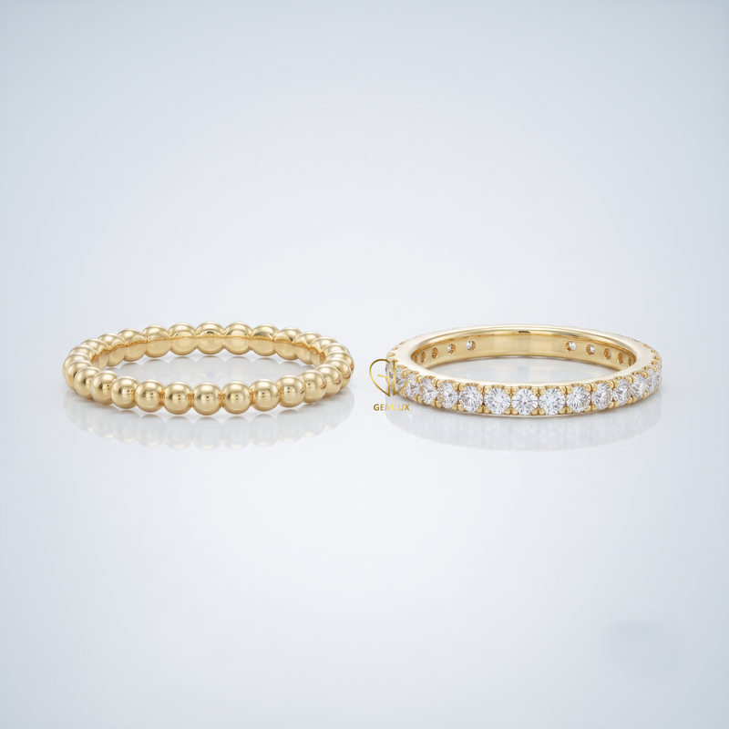 Luxury Lab Grown Diamond Eternity Band with Gold Bubble Bead Stackable Ring Set
