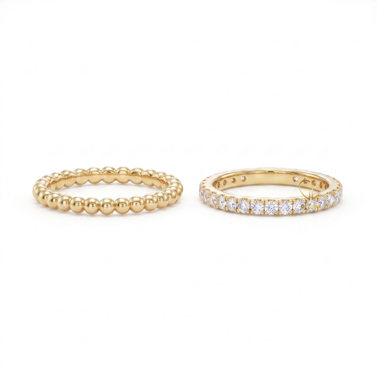 Lab-grown diamond eternity band with gold bubble bead stackable ring set | By Gemlux Jewels