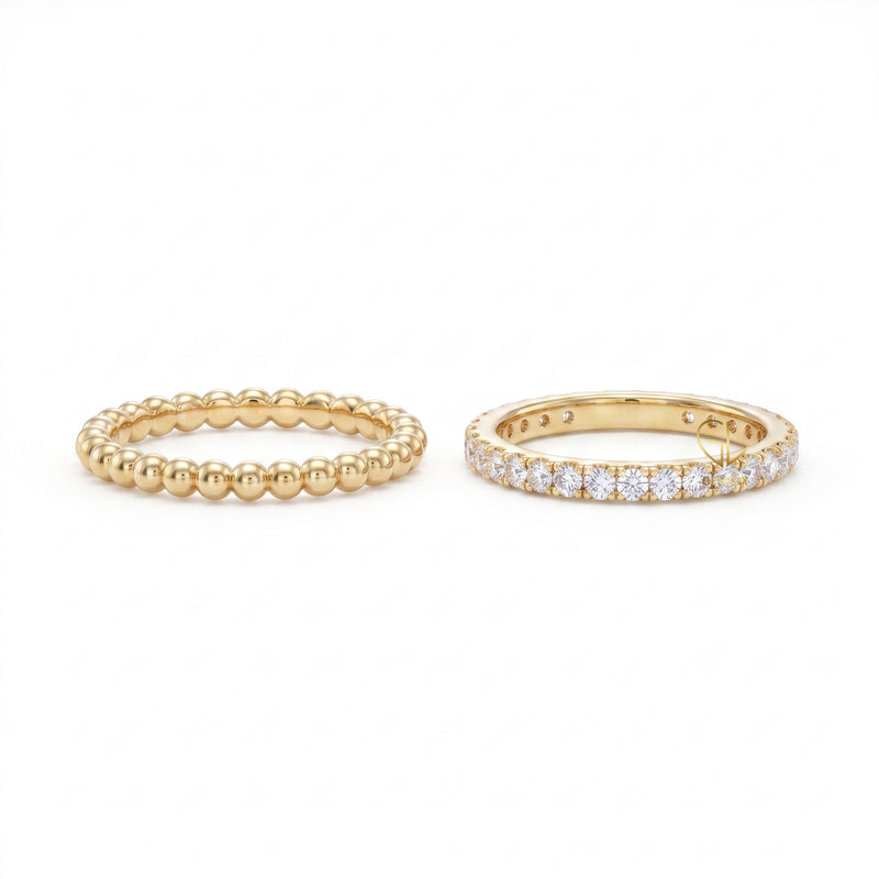 Luxury Lab Grown Diamond Eternity Band with Gold Bubble Bead Stackable Ring Set