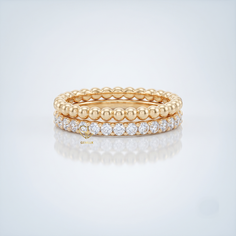 Luxury Lab Grown Diamond Eternity Band with Gold Bubble Bead Stackable Ring Set