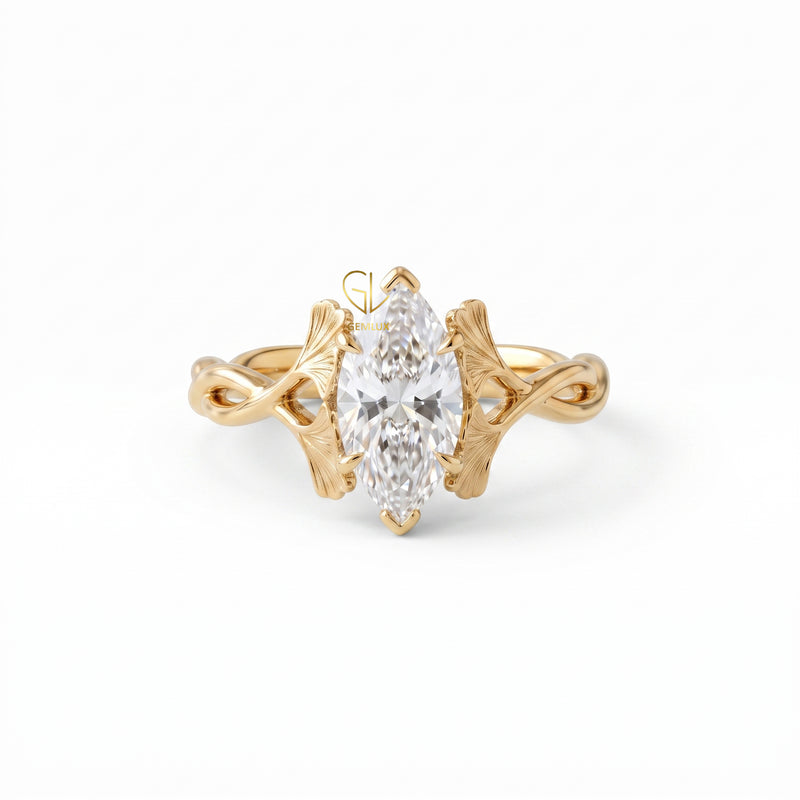 Luxury Lab Grown Marquise Cut Diamond Ginkgo Leaf Engagement Ring