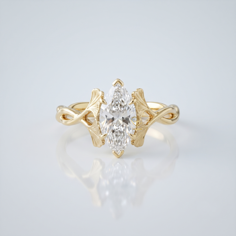 Luxury Lab Grown Marquise Cut Diamond Ginkgo Leaf Engagement Ring