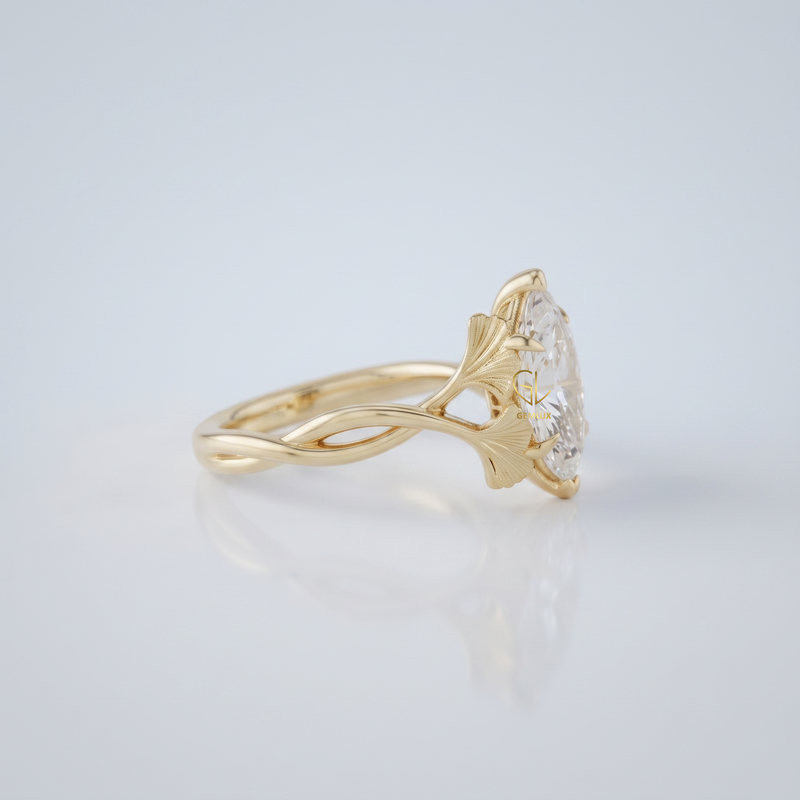Luxury Lab Grown Marquise Cut Diamond Ginkgo Leaf Engagement Ring