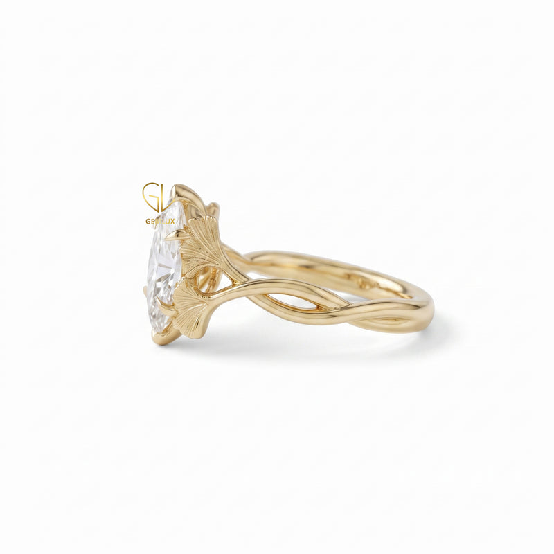 Luxury Lab Grown Marquise Cut Diamond Ginkgo Leaf Engagement Ring