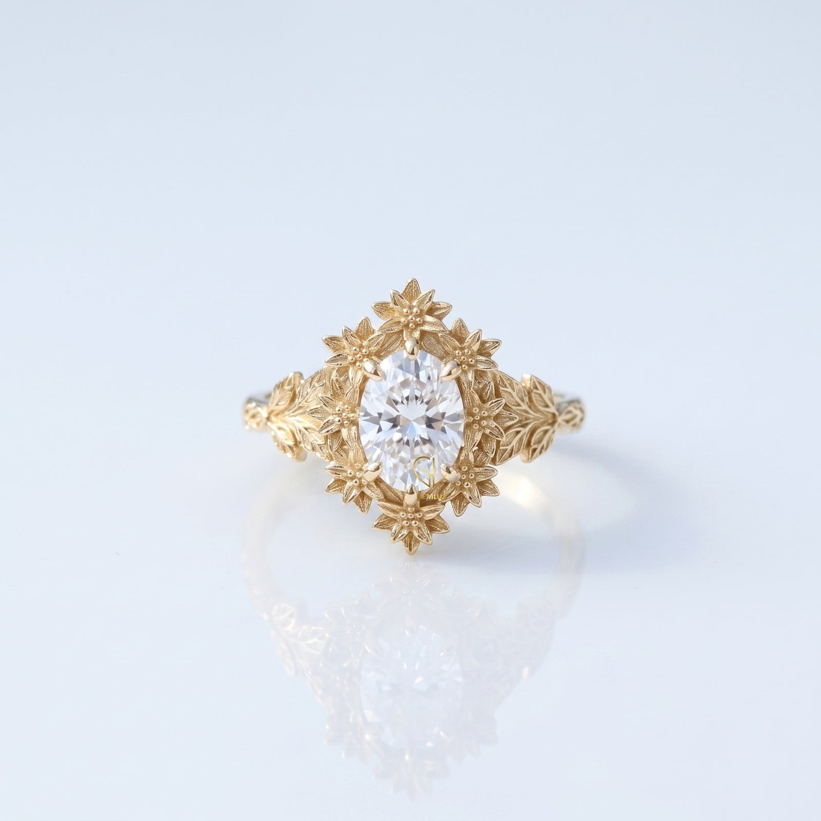 Oval-cut lab-grown diamond floral halo engagement ring, solid 10k yellow gold, Gemlux Engagement Collection