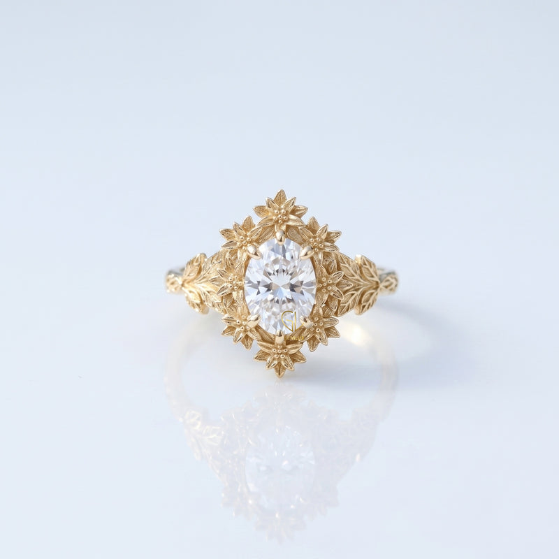 Luxury Oval Cut Lab Grown Diamond Floral Halo Engagement Ring in Solid Gold