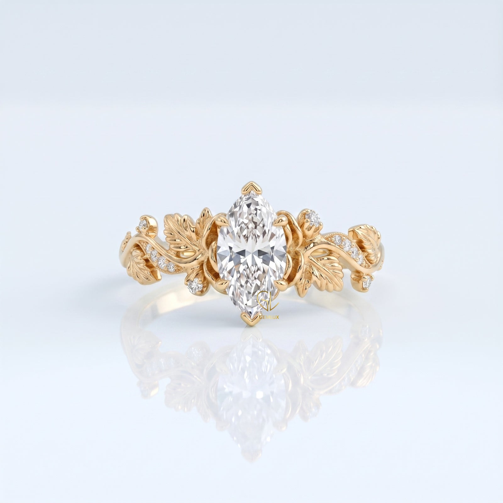 Lab-grown diamond engagement ring with nature-inspired vine detail, 10k yellow gold, Gemlux Engagement Collection
