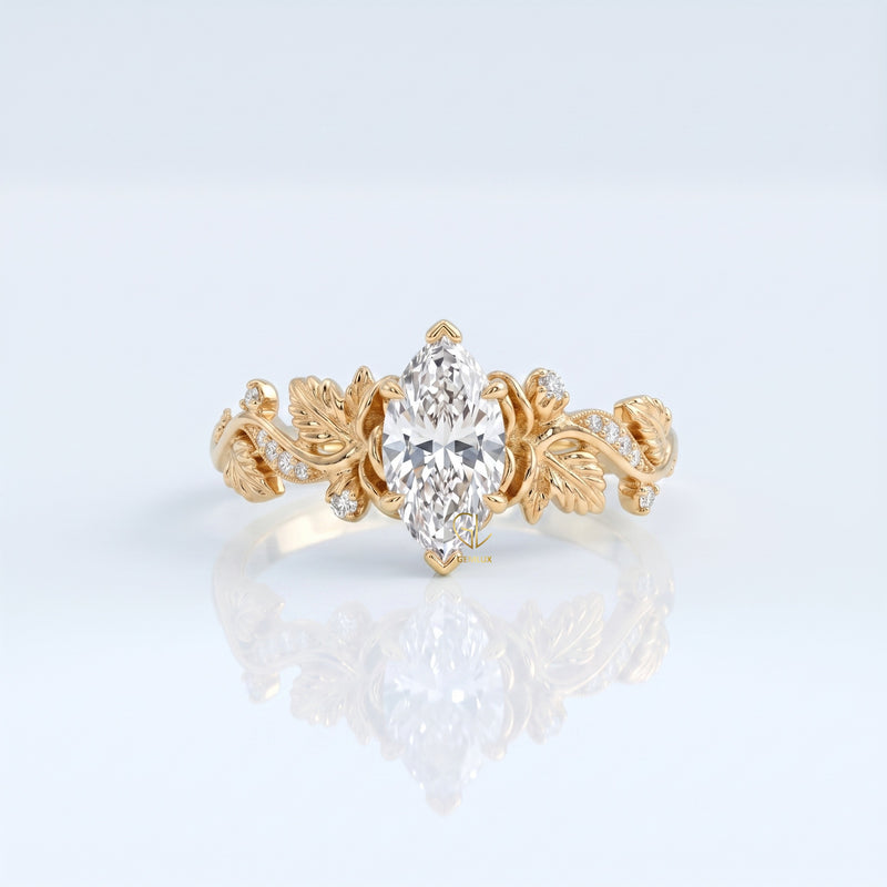 Luxury Marquise Cut Lab Grown Diamond Leaf Vine Engagement Ring in Solid Gold