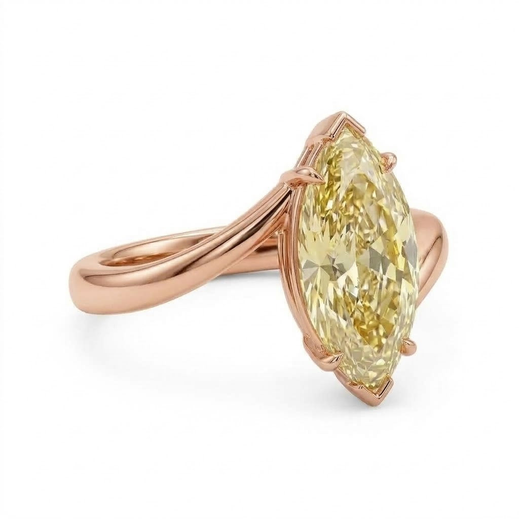 Markey ring with fancy yellow marquise lab grown diamond and bypass yellow gold band