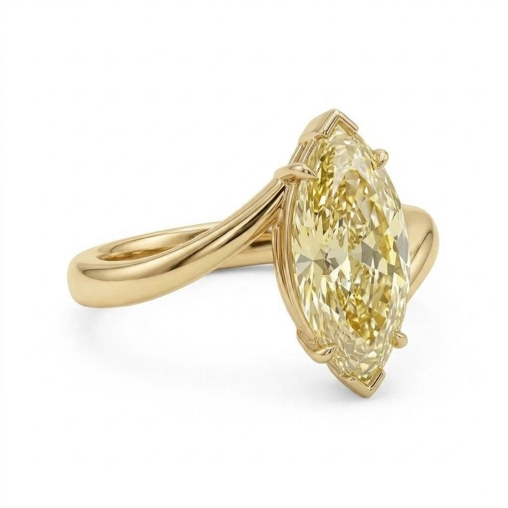 Markey ring with fancy yellow marquise lab grown diamond and bypass yellow gold band