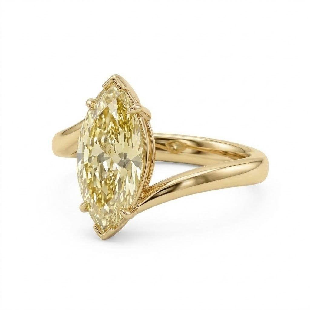 Markey ring with fancy yellow marquise lab grown diamond and bypass yellow gold band