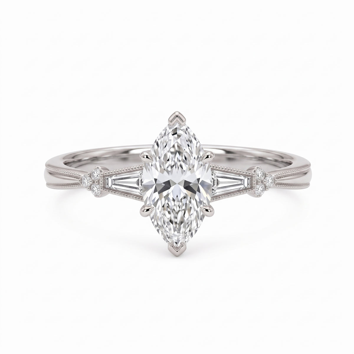 Marquise-cut lab-grown diamond engagement ring with tapered baguette side stones, round accents and a milgrain split-shank yellow-gold band.
