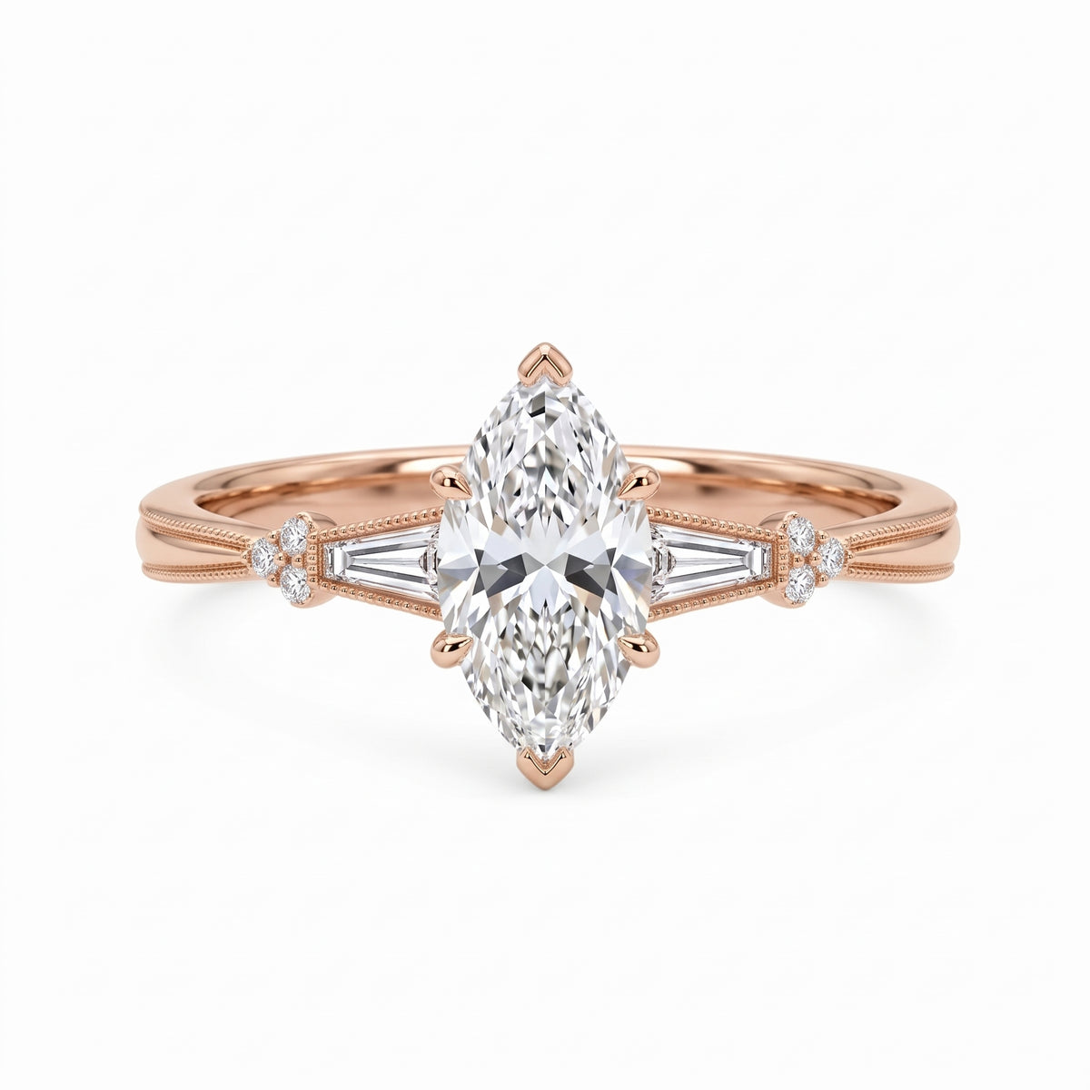Marquise-cut lab-grown diamond engagement ring with tapered baguette side stones, round accents and a milgrain split-shank yellow-gold band.