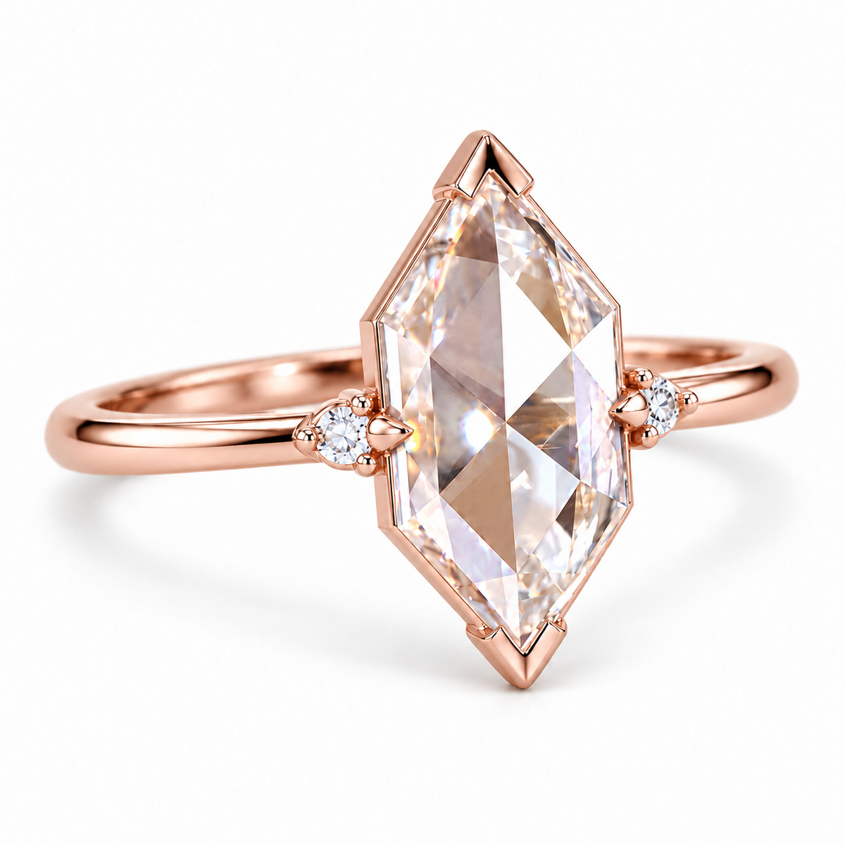 Marquise-cut lab-grown diamond engagement ring with two round side diamonds, V-shaped tip protection and a polished white-metal band