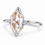 Marquise-cut lab-grown diamond engagement ring with two round side diamonds, V-shaped tip protection and a polished white-metal band