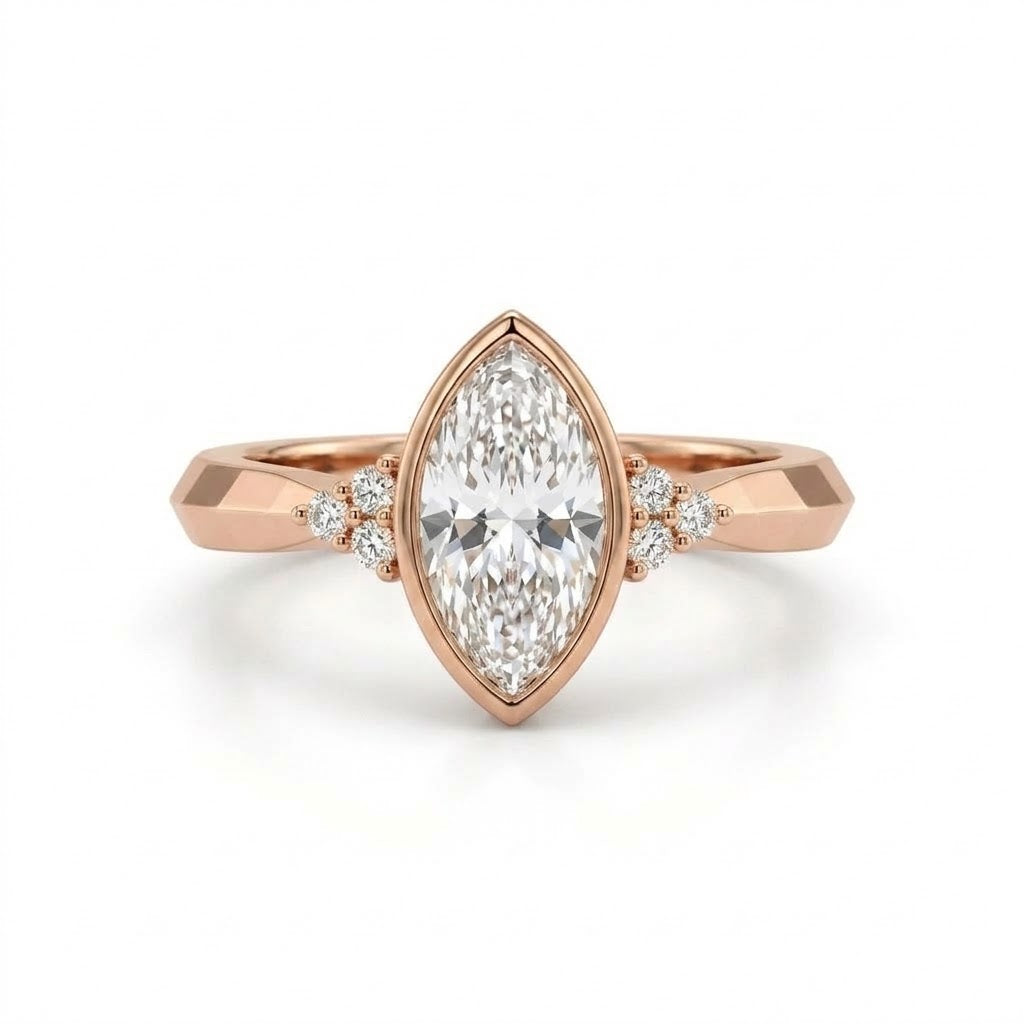 Bezel set marquise lab grown diamond engagement ring with round cluster side stones in white gold