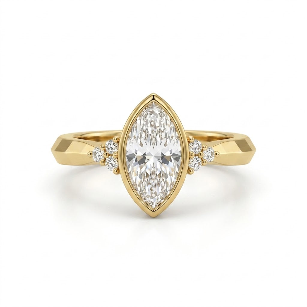 Bezel set marquise lab grown diamond engagement ring with round cluster side stones in white gold