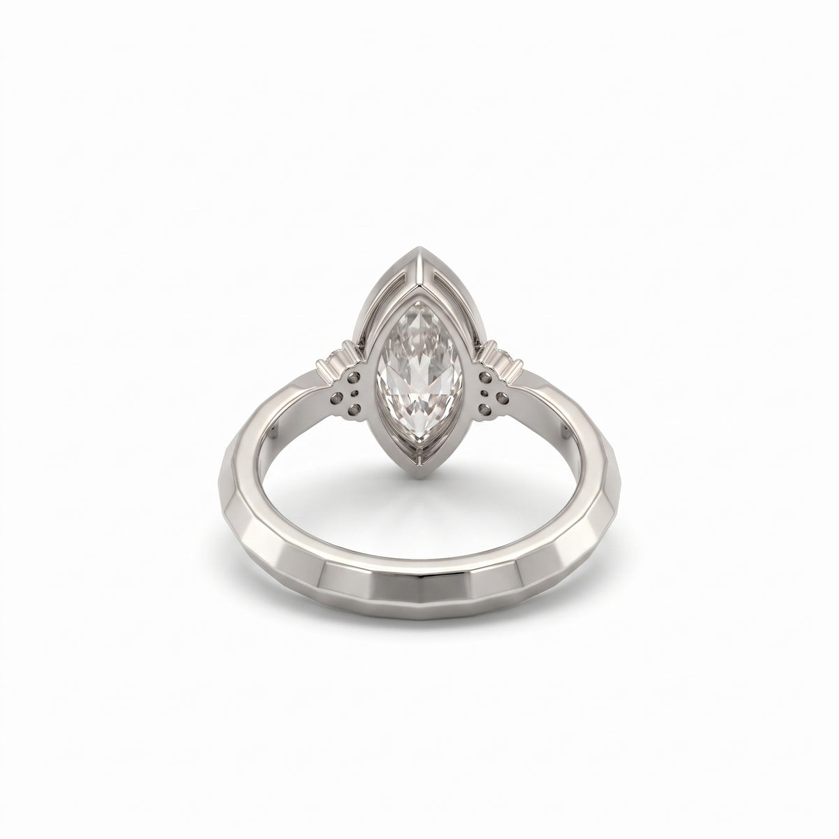 Bezel set marquise lab grown diamond engagement ring with round cluster side stones in white gold