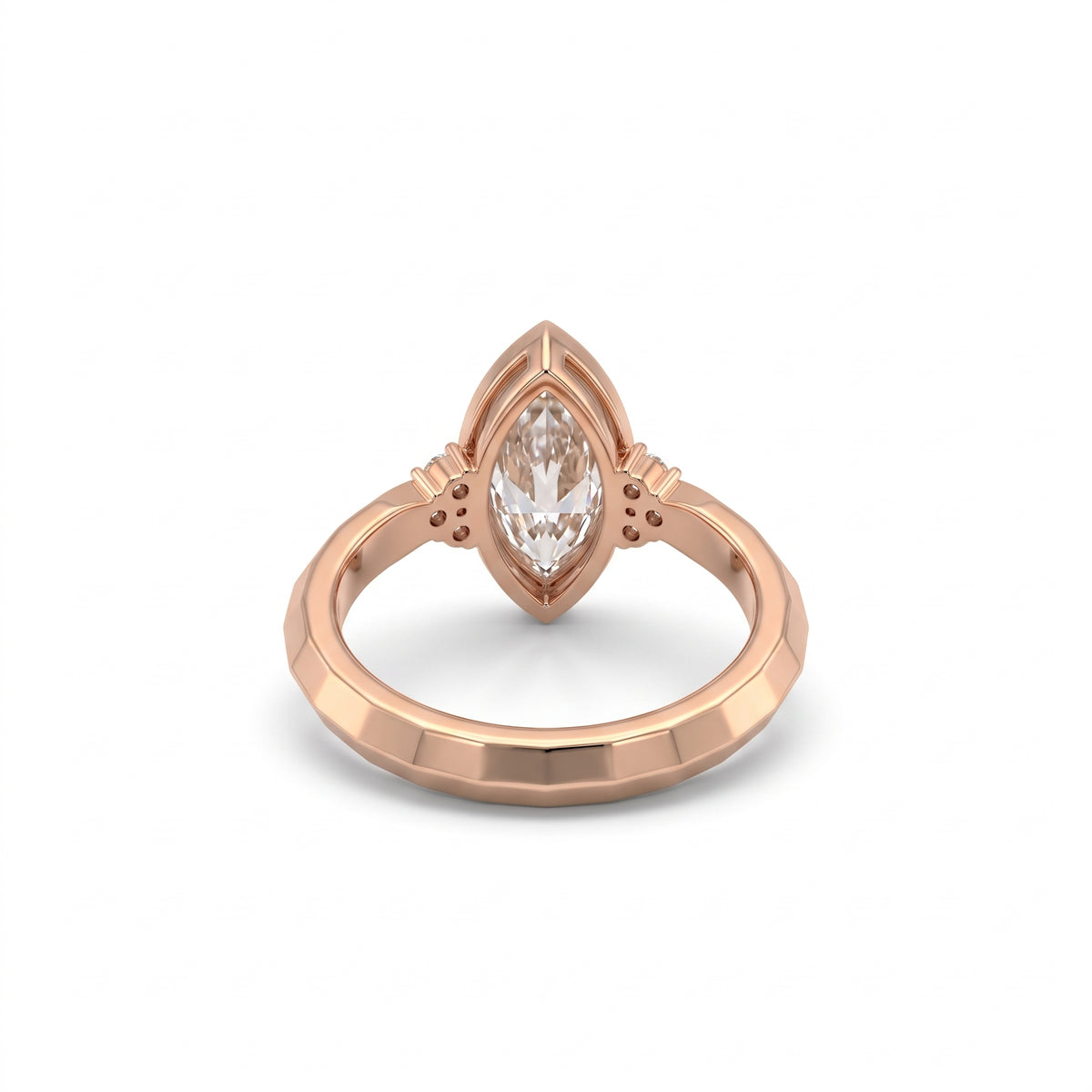 Bezel set marquise lab grown diamond engagement ring with round cluster side stones in white gold