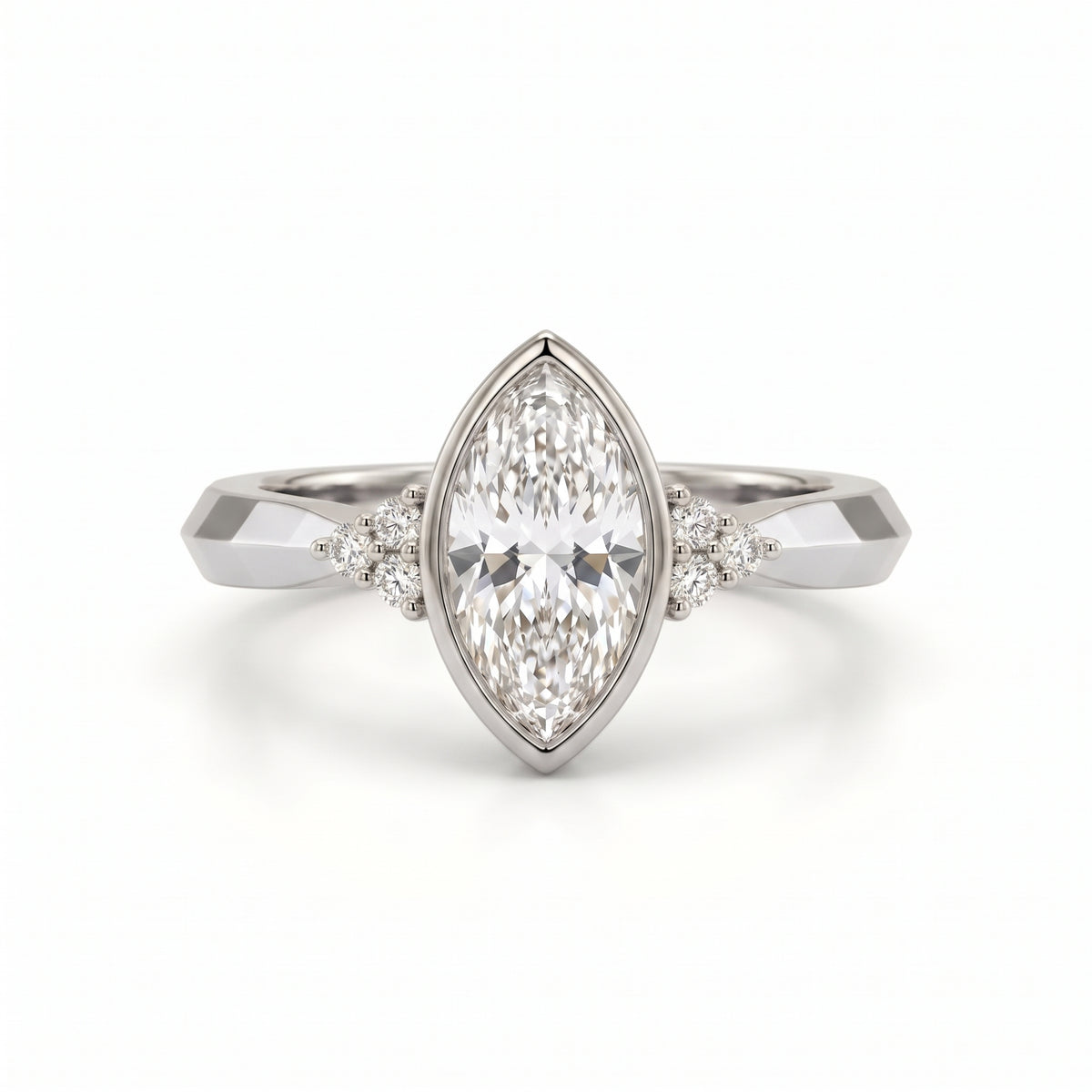 Bezel set marquise lab grown diamond engagement ring with round cluster side stones in white gold