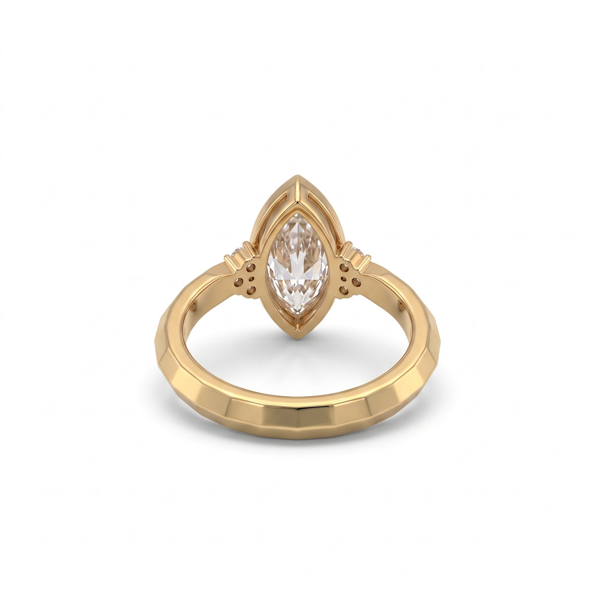 Bezel set marquise lab grown diamond engagement ring with round cluster side stones in white gold