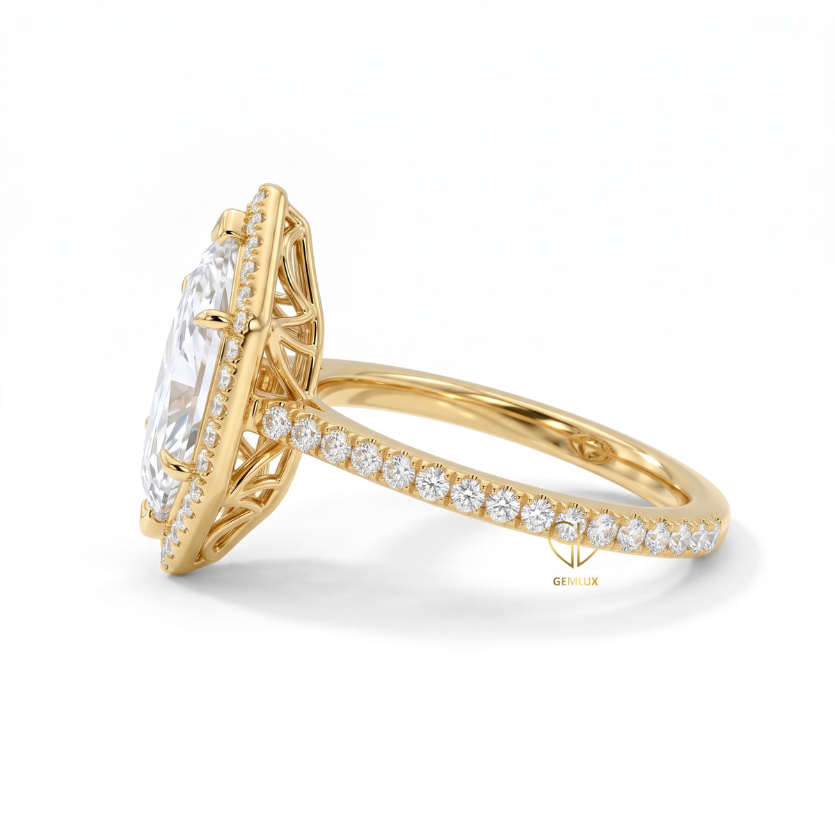 Marquise Cut Lab Grown Diamond Hexagon Halo Engagement Ring in Solid Gold