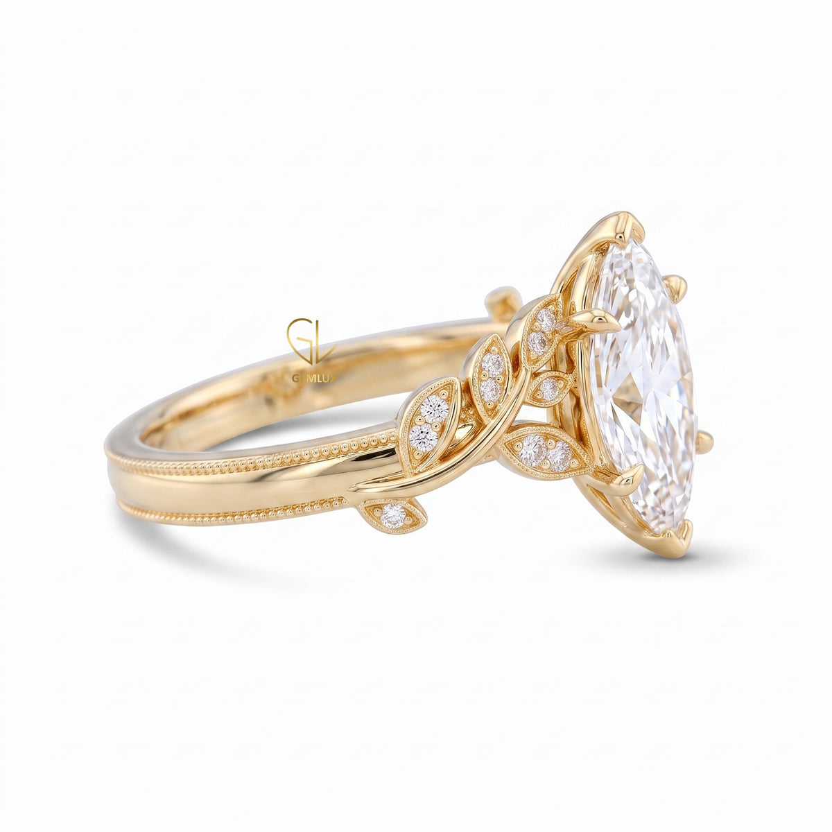 Marquise Cut Lab Grown Diamond Leaf Vine Engagement Nature Inspired Ring