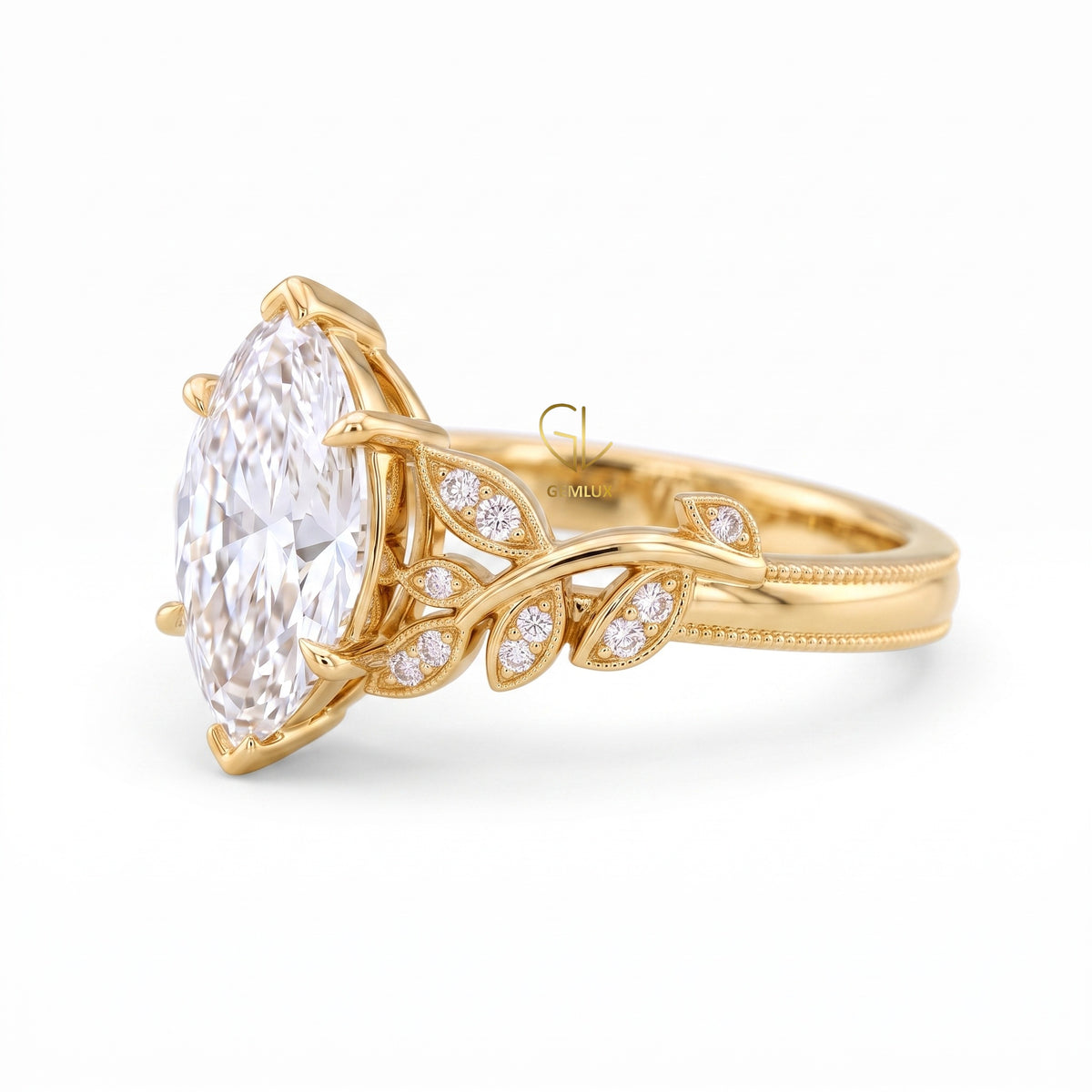 Marquise Cut Lab Grown Diamond Leaf Vine Engagement Nature Inspired Ring